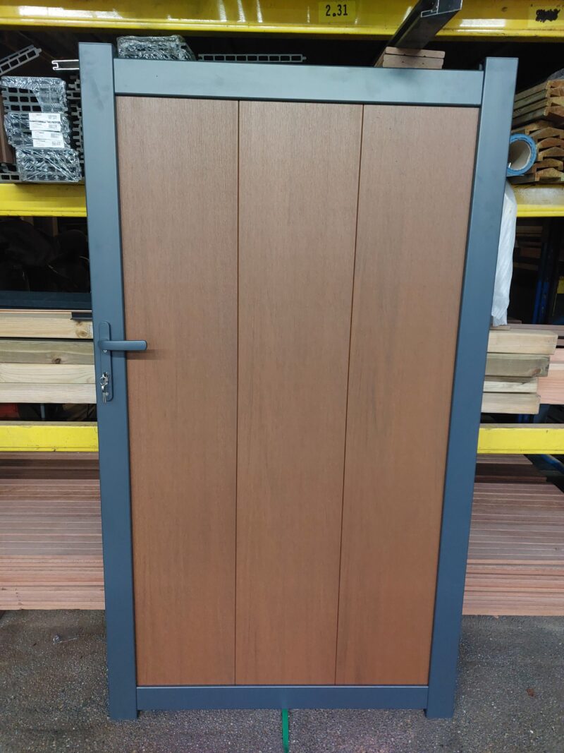 Wpc / Aluminium Ral 7016 tuinpoort incl. hang en sluitwerk "Verticaal" 80>120cm breedte( maatwerk mogelijk)