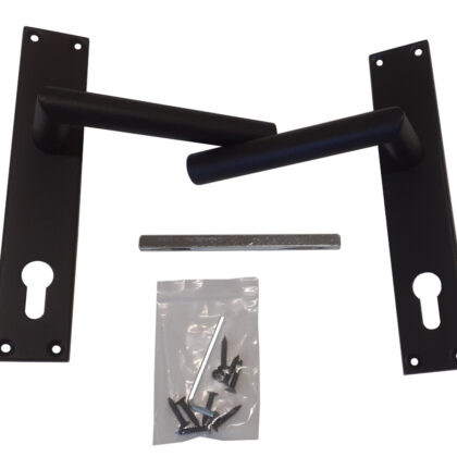 Deurschild en deurkruk Zwarte structuurcoating 85 mm (recht model)