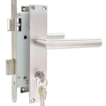 Set voor tuindeuren RVS 74x170mm (schild + rechte kruk)