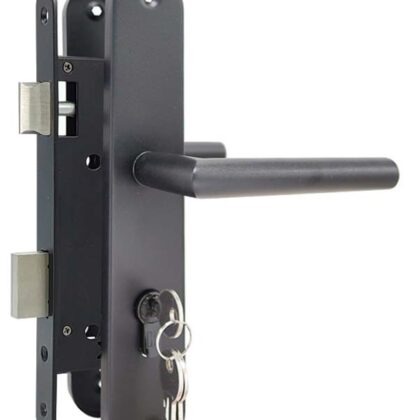 Set voor tuindeuren Zwarte structuurcoating 74x170mm (afgerond schild + rechte kruk).