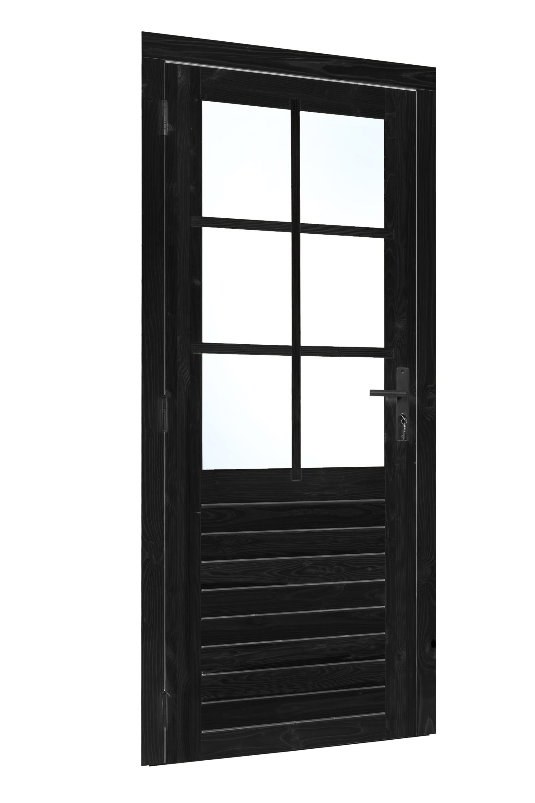Vuren enkele glas deur 6-ruits zwart gespoten B1000xH2050mm buitenmaat, linksdraaiend