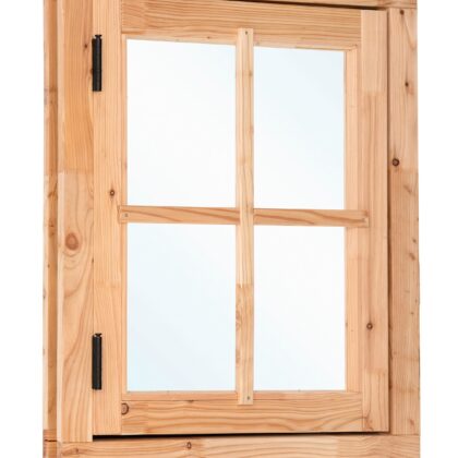 Douglas draairaam dubbelglas buitenmaat B90 x H105 cm onbehandeld, 4-ruits, linksdraaiend, afsluitbaar met raamkruk met zwart beslag