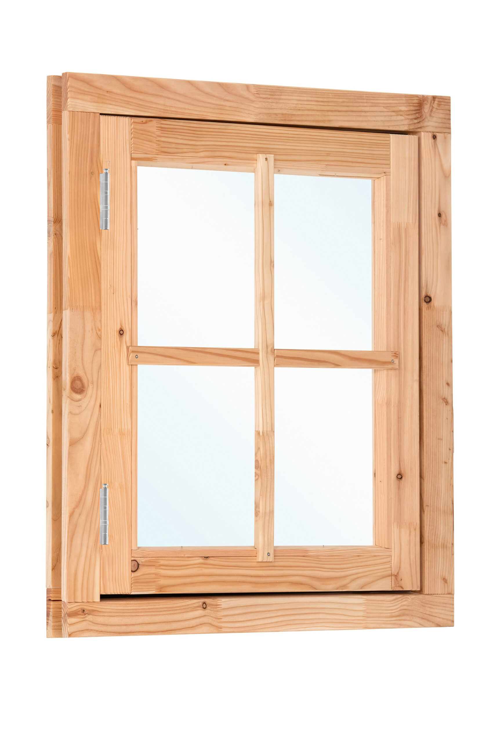 Douglas draairaam dubbelglas buitenmaat B90 x H105 cm onbehandeld, 4-ruits, linksdraaiend, afsluitbaar met raamkruk met RVS beslag