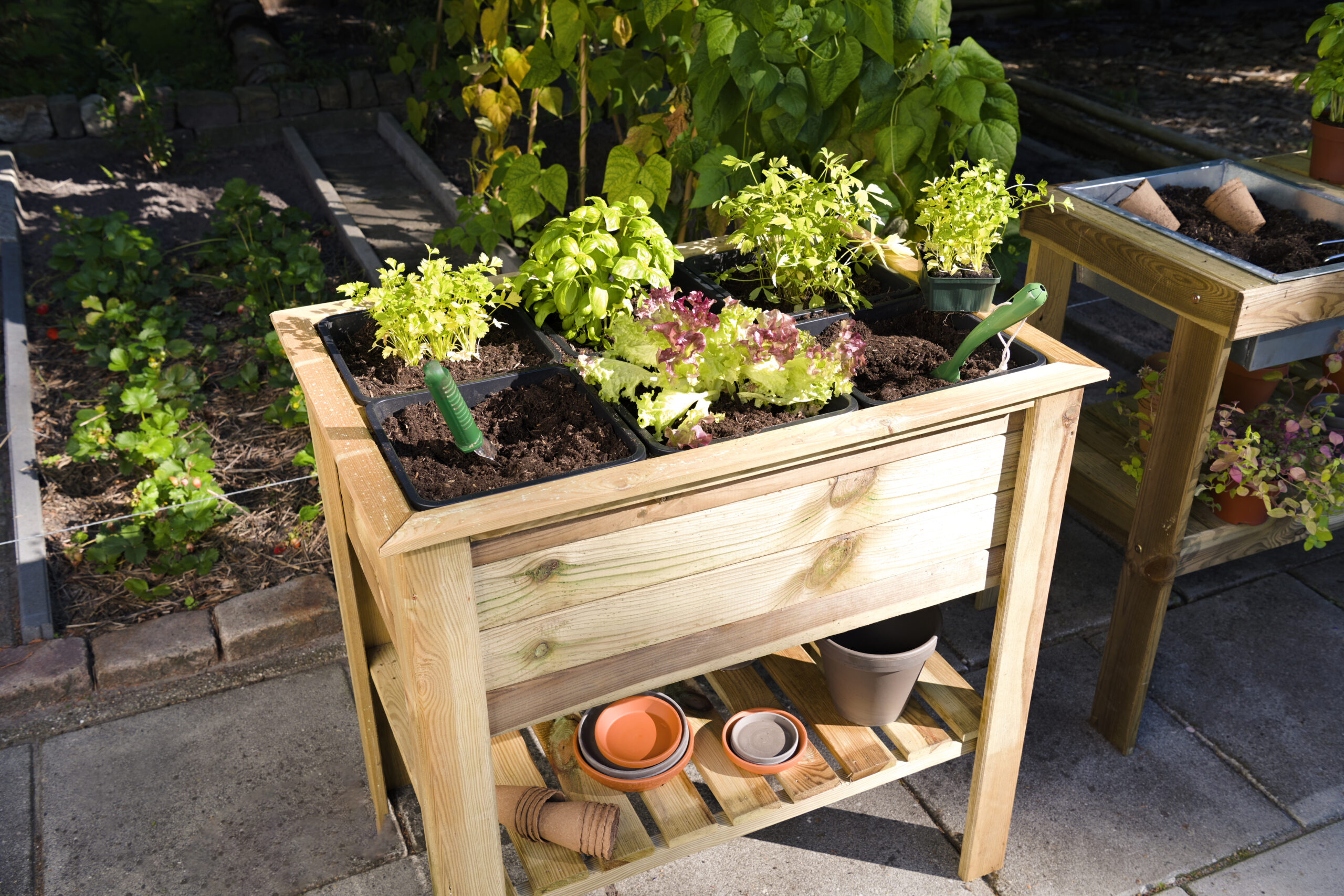 Moestuintafel grenen groen geïmpregneerd met opbergplank en 6 plastic bakken