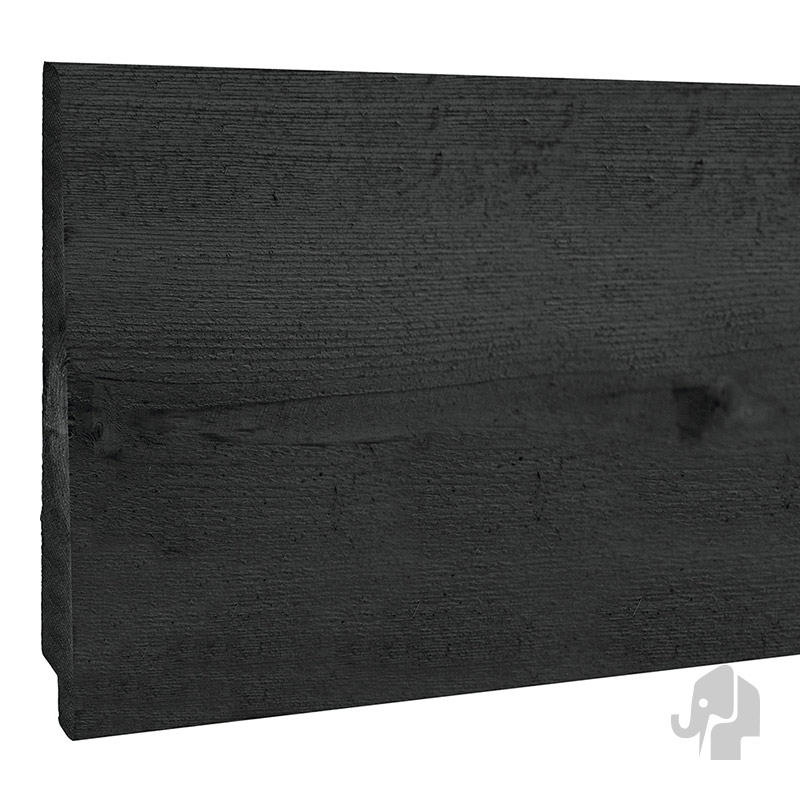 013850 | Zweeds Rabat | Naaldhout Thermo | Zwart | PEFC© | 2.6x17.5 (19)x360cm Elephant® | 2x dekkend zwart gelakt | Zichtzijde Fijnbezaagd | Met vaste kwasten